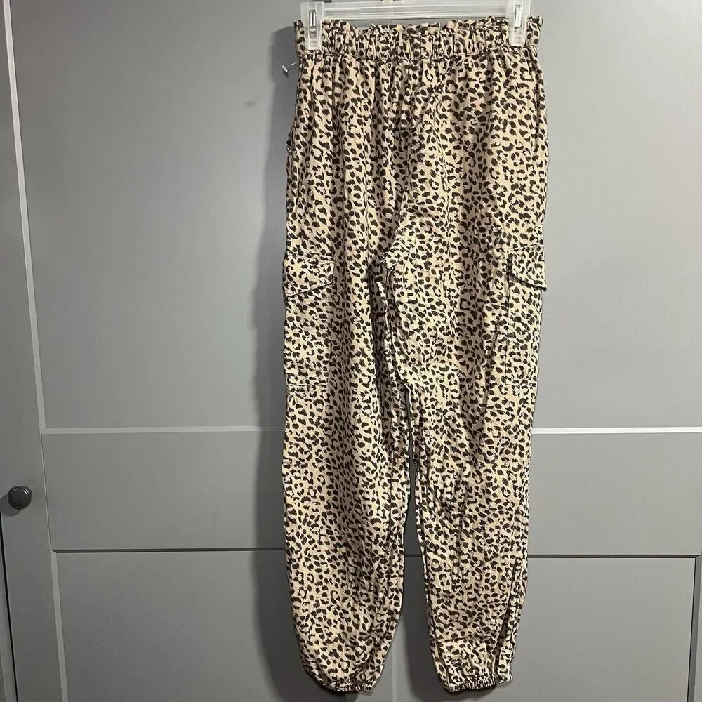 Aerie Cheetah Leopard Print Tapered Cargo Joggers Elastic Waist Brown XS Lounge